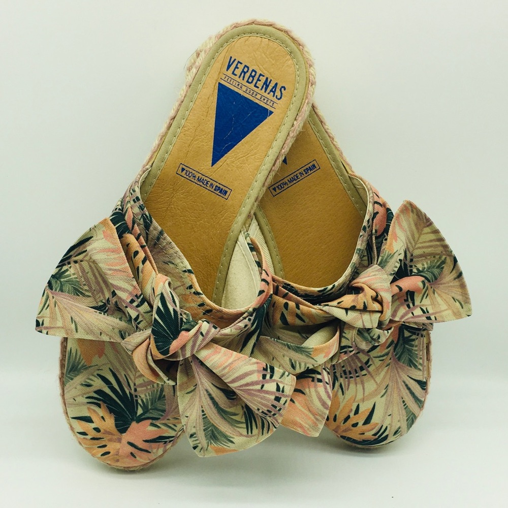 Leather/Canvas Floral VERBENAS Made in ITALY Size 40 Espadrille Slides Flats